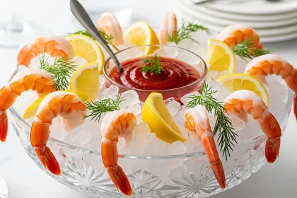 A stunning shrimp cocktail platter on crushed ice with large pink shrimp, lemon wedges, fresh dill, and a bowl of cocktail sauce.