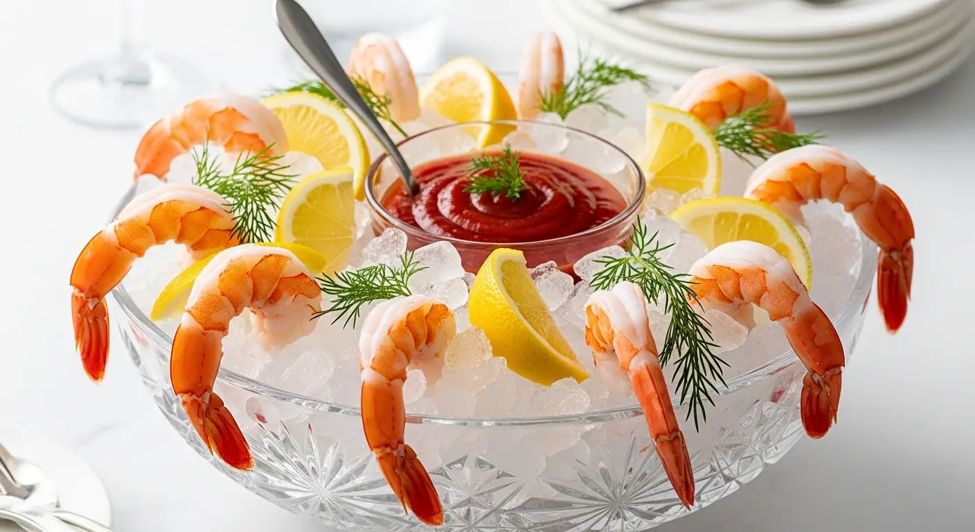 A stunning shrimp cocktail platter on crushed ice with large pink shrimp, lemon wedges, fresh dill, and a bowl of cocktail sauce.