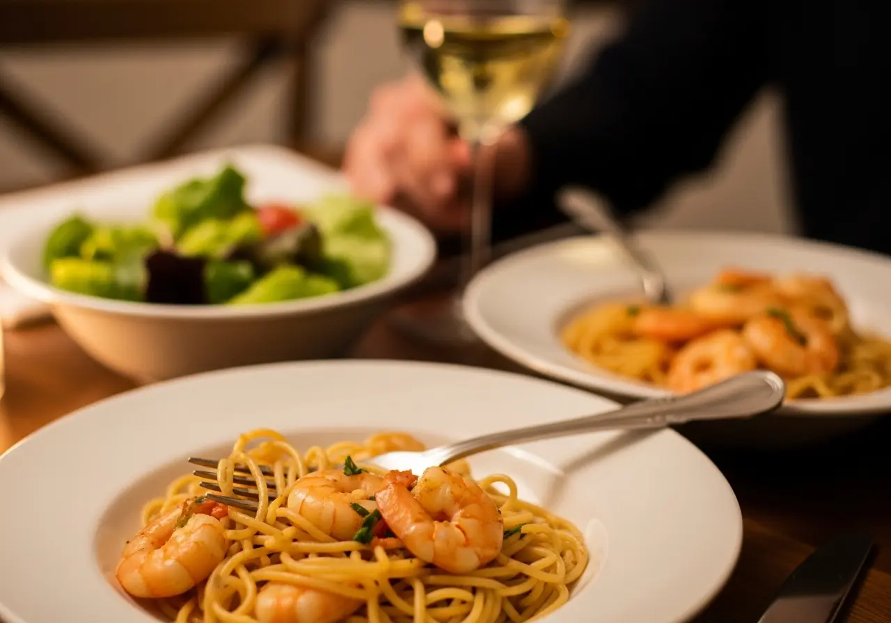 Two bowls of shrimp scampi pasta served for a cozy dinner at home.