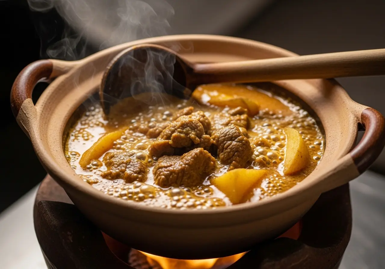 A traditional clay pot filled with Massaman beef curry simmering on a stove, showing tender meat and potatoes in coconut broth.