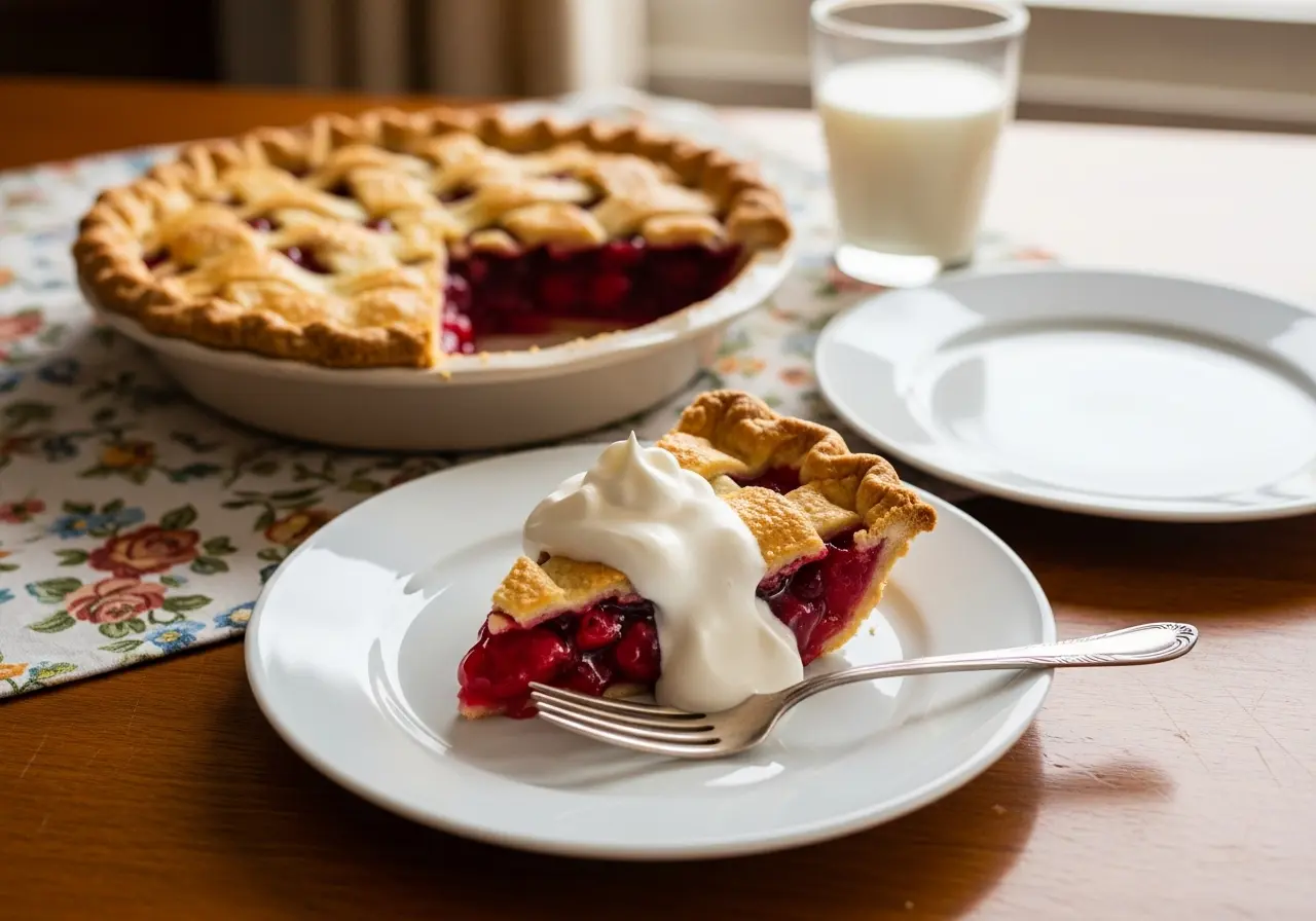 A served slice of cherry pie with lattice crust and whipped cream in a cozy setting.