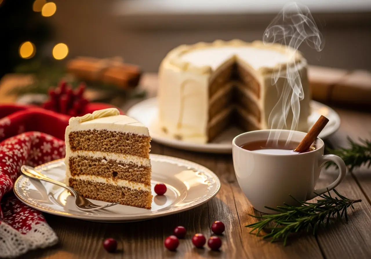 A slice of cranberry orange cake with cream cheese frosting served with hot tea on a winter table.