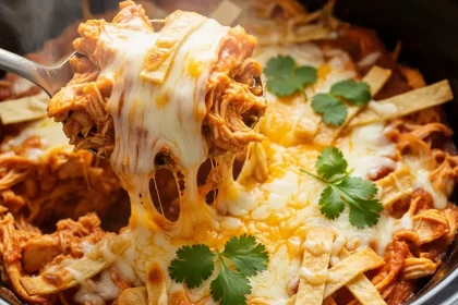Close-up of cheesy chicken enchilada casserole being scooped from a slow cooker.
