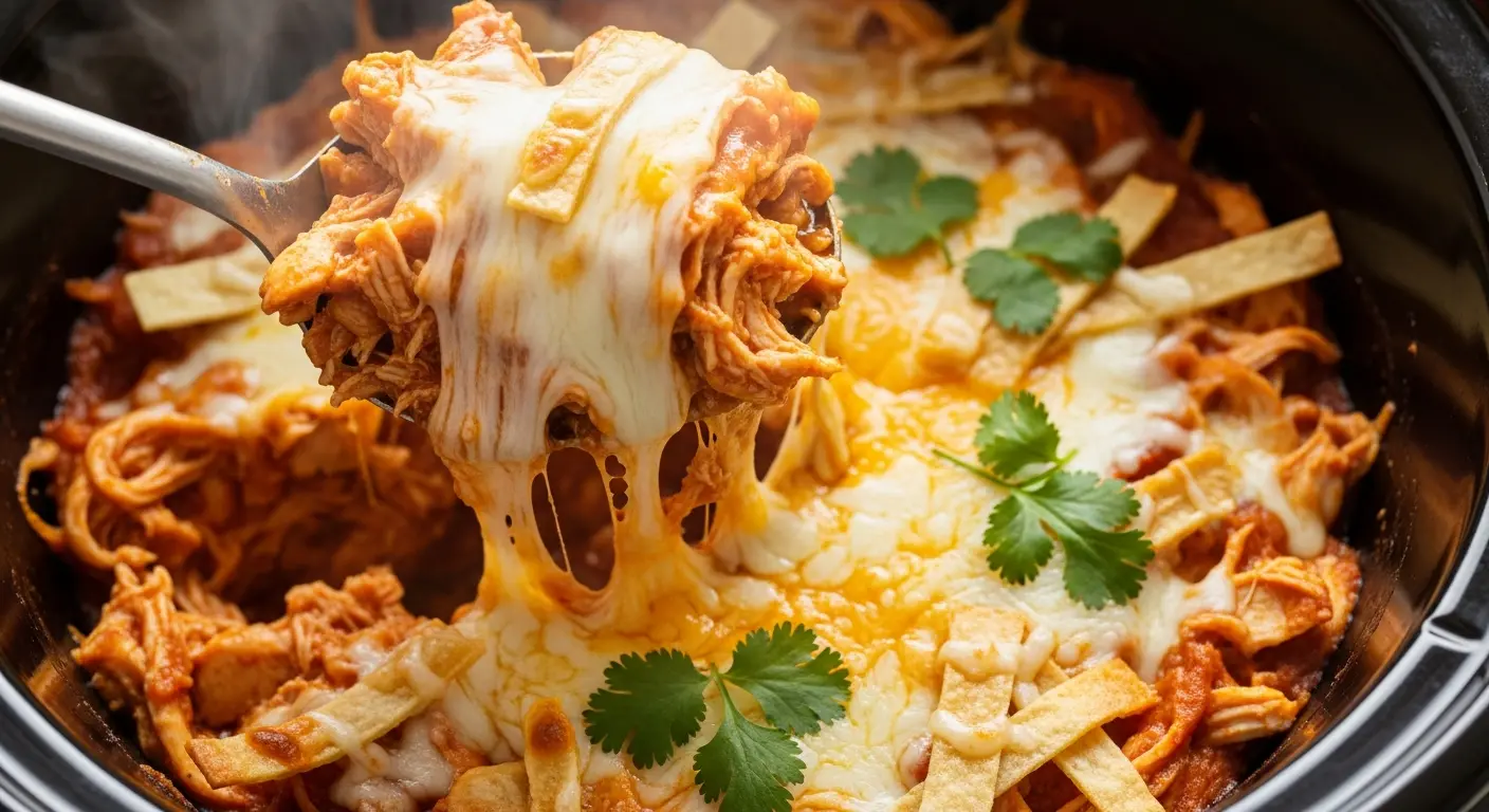 Close-up of cheesy chicken enchilada casserole being scooped from a slow cooker.