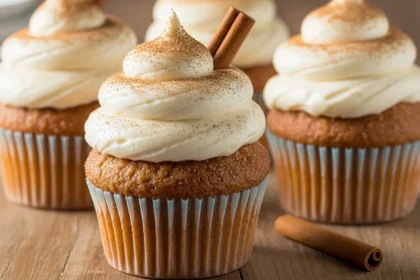 Snickerdoodle cupcakes with cinnamon cream cheese frosting and cinnamon sugar dusting.