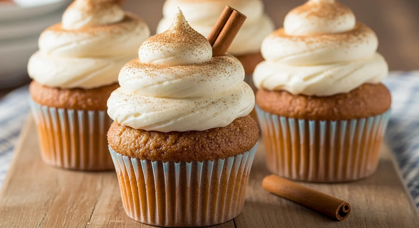 Snickerdoodle cupcakes with cinnamon cream cheese frosting and cinnamon sugar dusting.