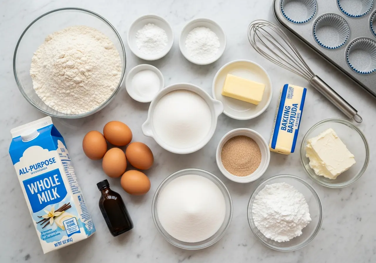 Ingredients for snickerdoodle cupcakes: flour, butter, sugar, cinnamon, cream cheese, and eggs.