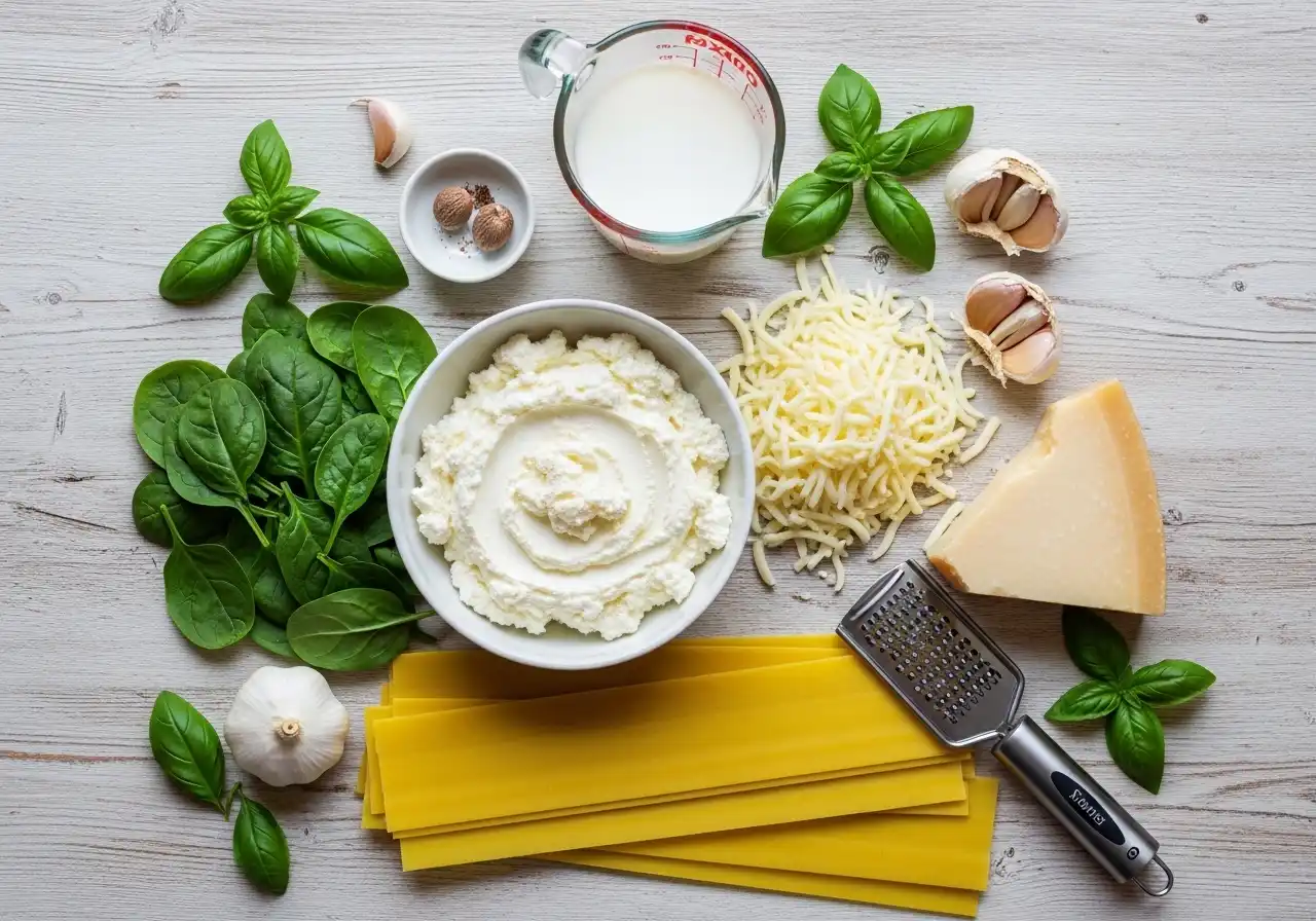 Fresh ingredients for lasagna: ricotta cheese, fresh spinach, mozzarella, Parmesan, lasagna noodles, garlic, and nutmeg.