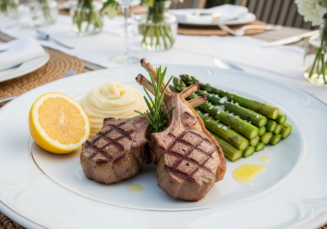 A served dinner plate of grilled lamb chops with asparagus and mashed potatoes for spring.