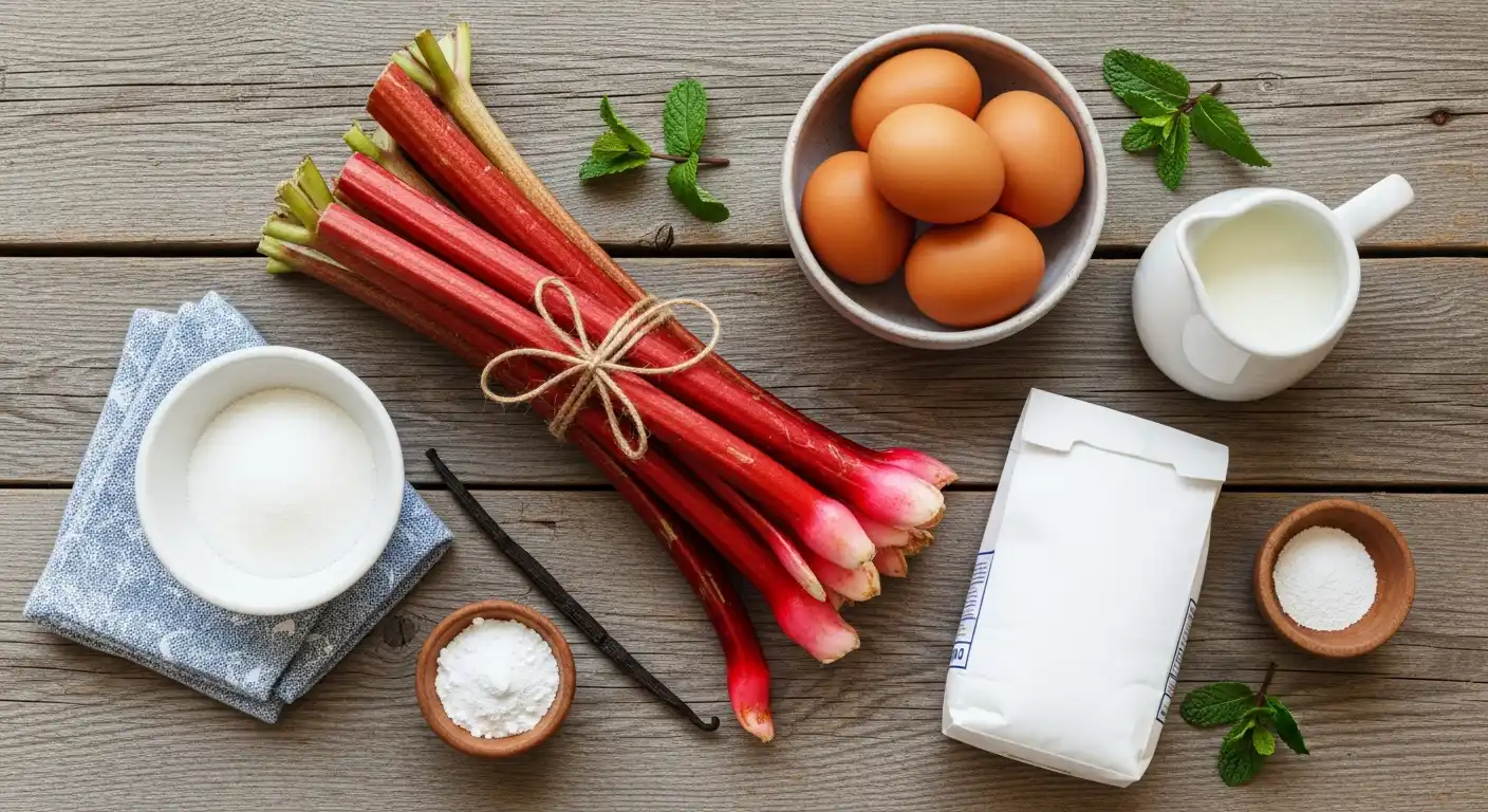 Fresh ingredients for rhubarb custard: red rhubarb, eggs, cream, sugar, and vanilla.