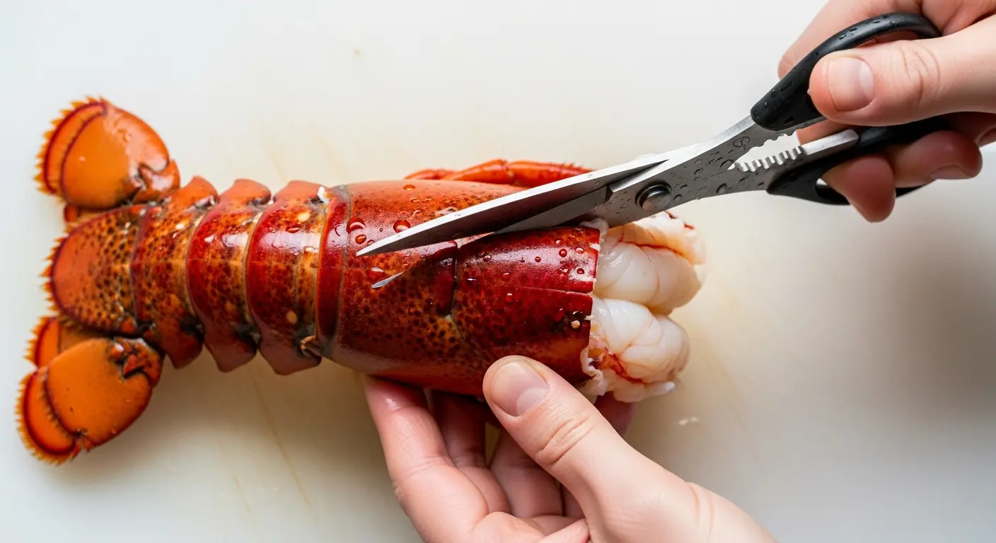 Step 1: Using kitchen shears to butterfly a lobster tail for even grilling.