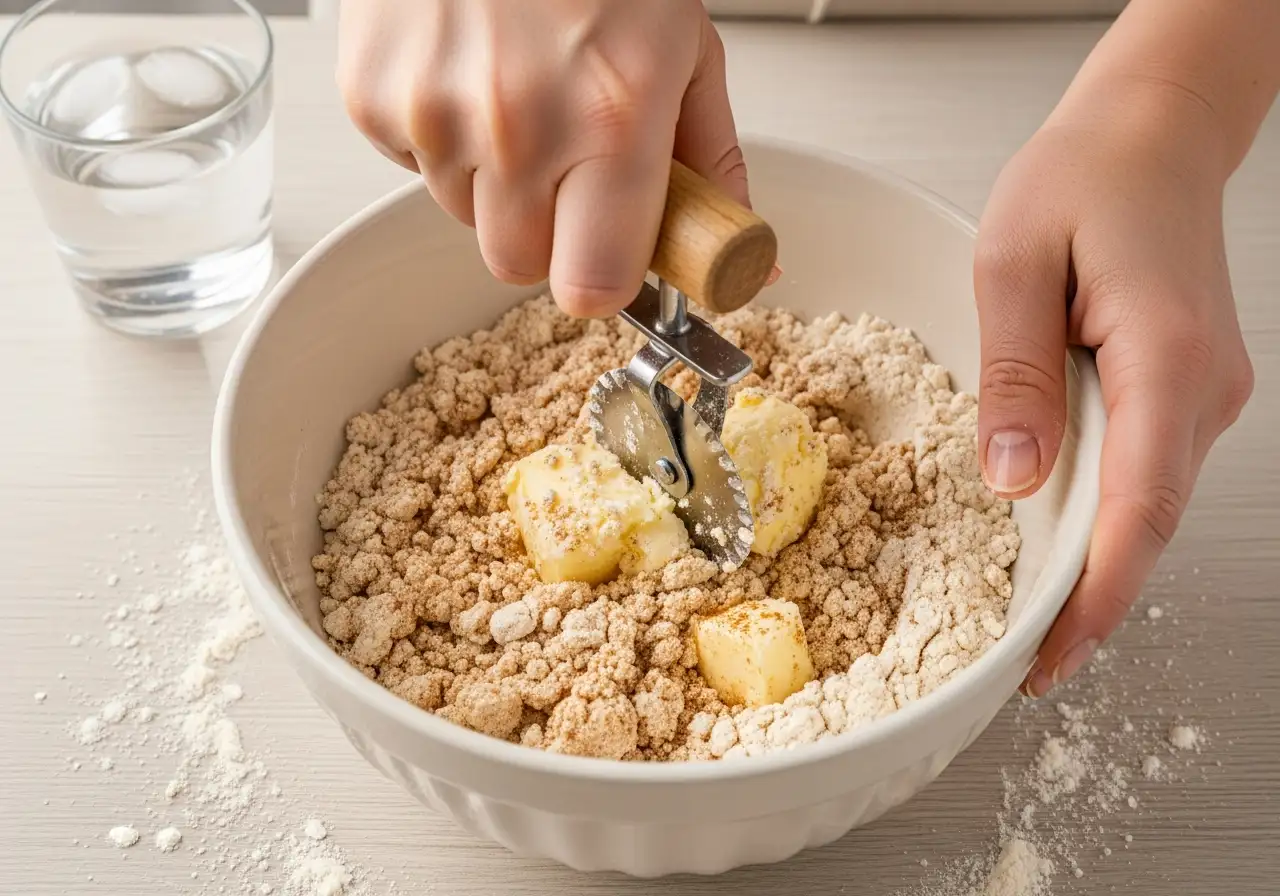Step 1: Making pie dough by cutting cold butter into cinnamon-spiced flour with a pastry cutter.