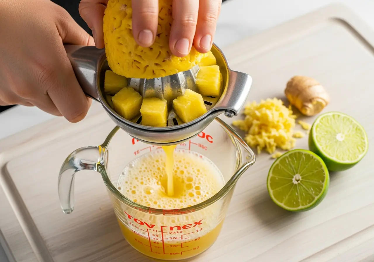 Step 1: Close-up of hands juicing fresh pineapple chunks to make homemade juice for the ginger spritzer.