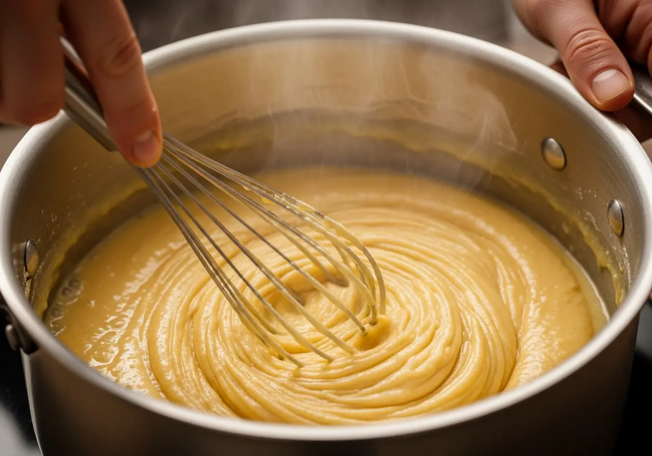 Step 1: Whisking butter and flour to make a roux for creamy soup.