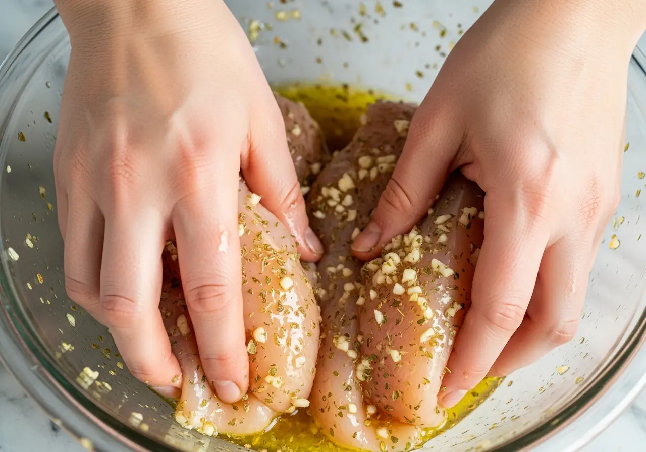Step 1: Coating chicken breasts in a lemon, garlic, and oregano marinade for grilling.