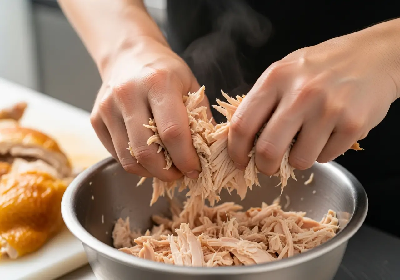 Step 1: Hands shredding cooked rotisserie chicken into pieces for salad.