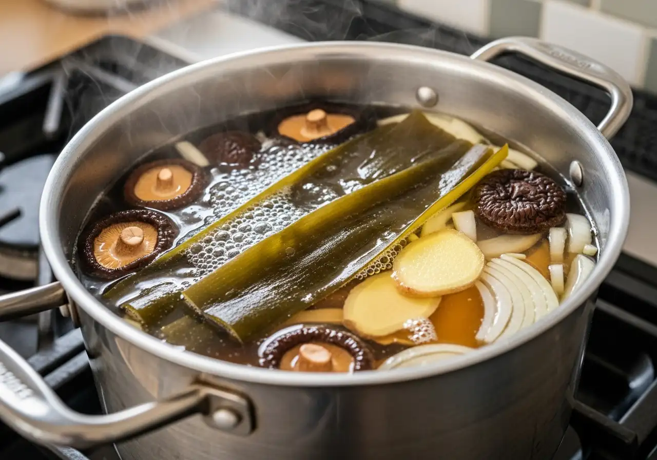 Step 1: Simmering vegan ramen broth with dried mushrooms and kombu on the stove.