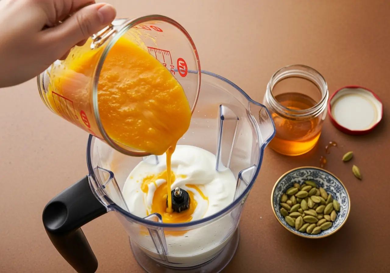 Pouring fresh mango pulp into a blender with yogurt and milk to make mango lassi.