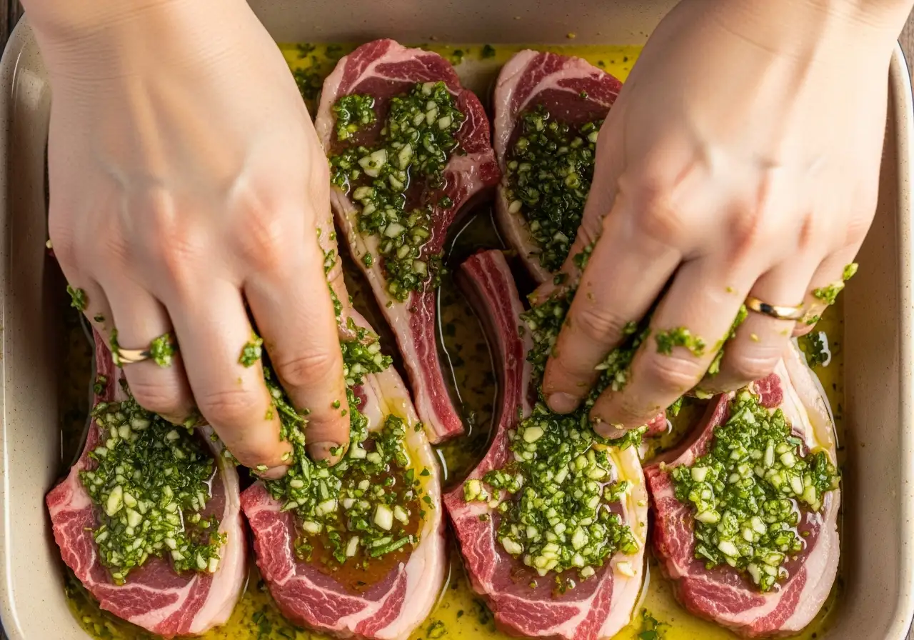 Step 2: Hands applying a rosemary and garlic marinade to lamb chops.