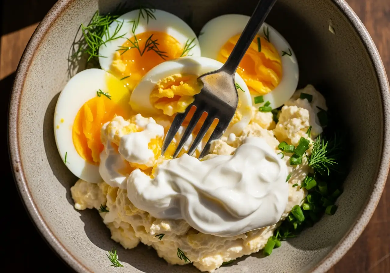 Step 2: Mashing hard-boiled eggs with yogurt and mayo to create creamy egg salad base.