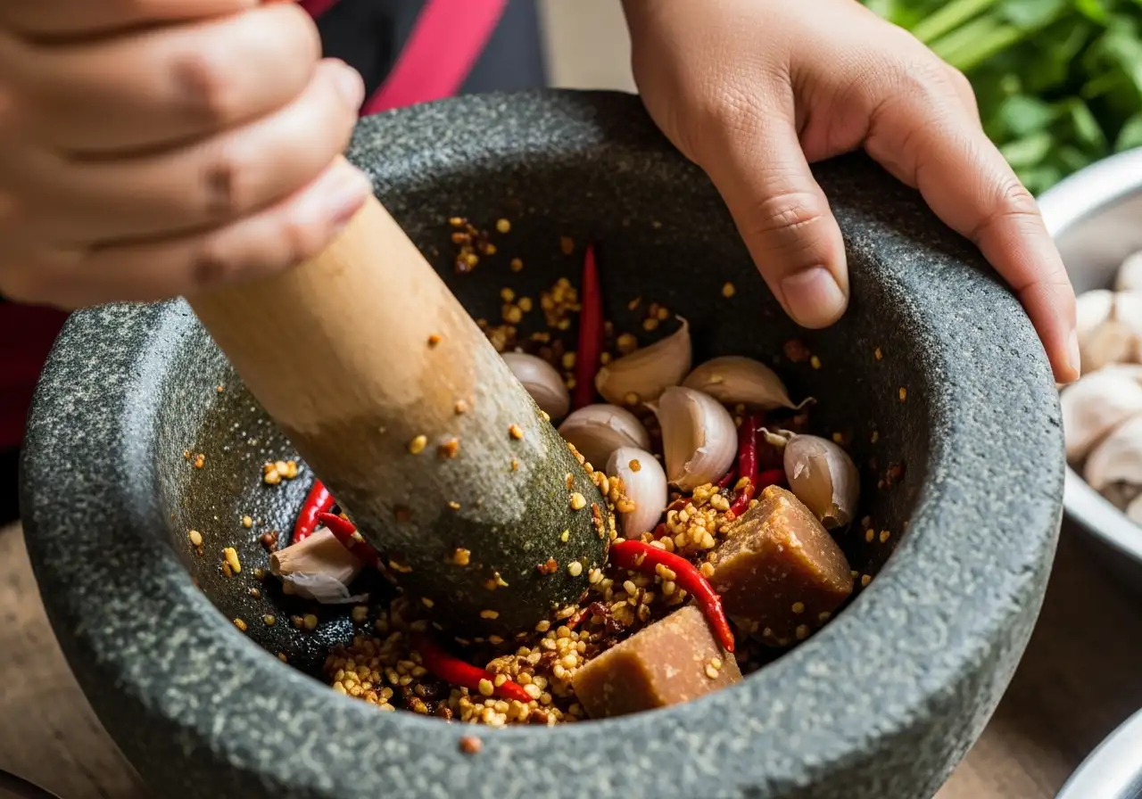 Using a mortar and pestle to pound garlic, chilies, and sugar for authentic papaya salad dressing.