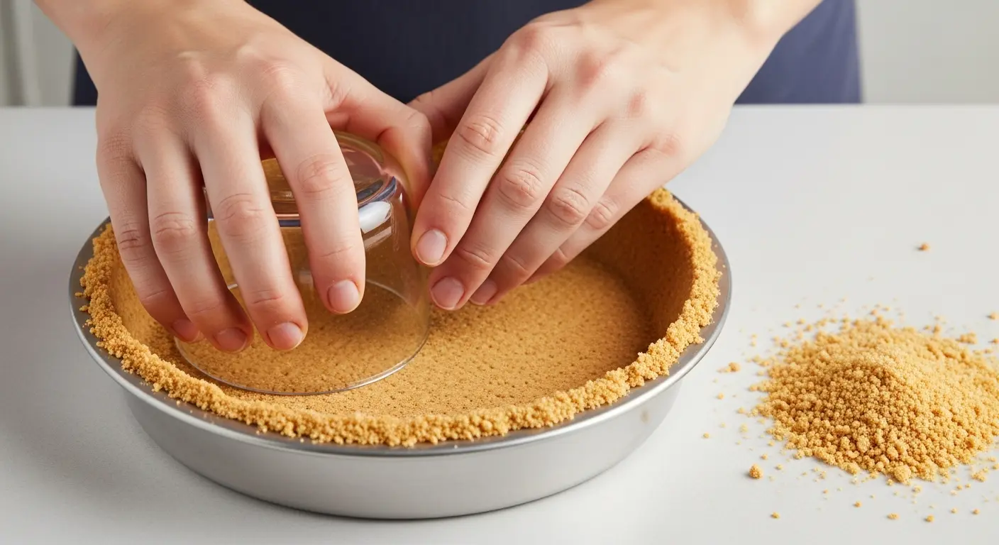 Step 2: Pressing the graham cracker and butter mixture into a pie pan to form the crust.
