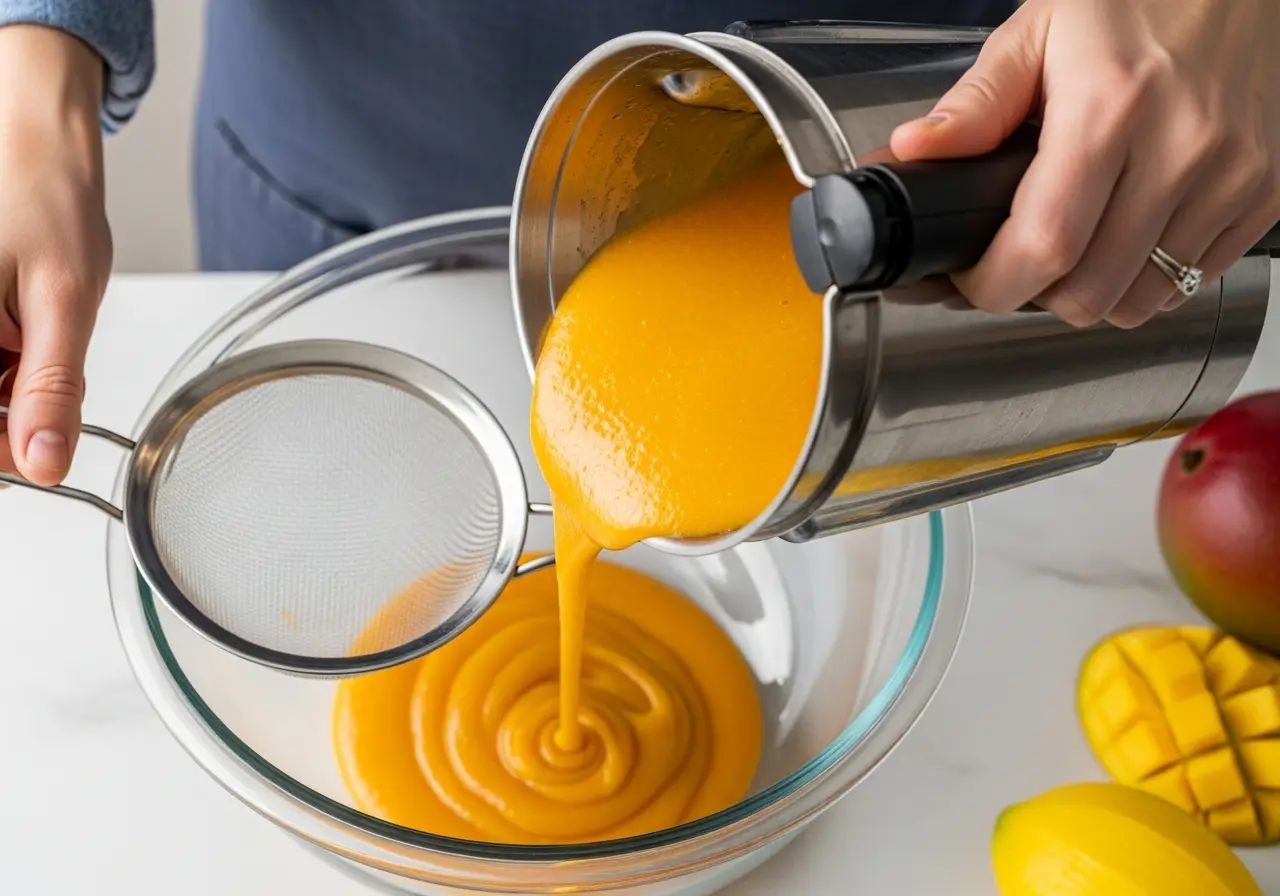 Step 2: Pouring fresh, smooth mango puree through a strainer to make silky sorbet base.