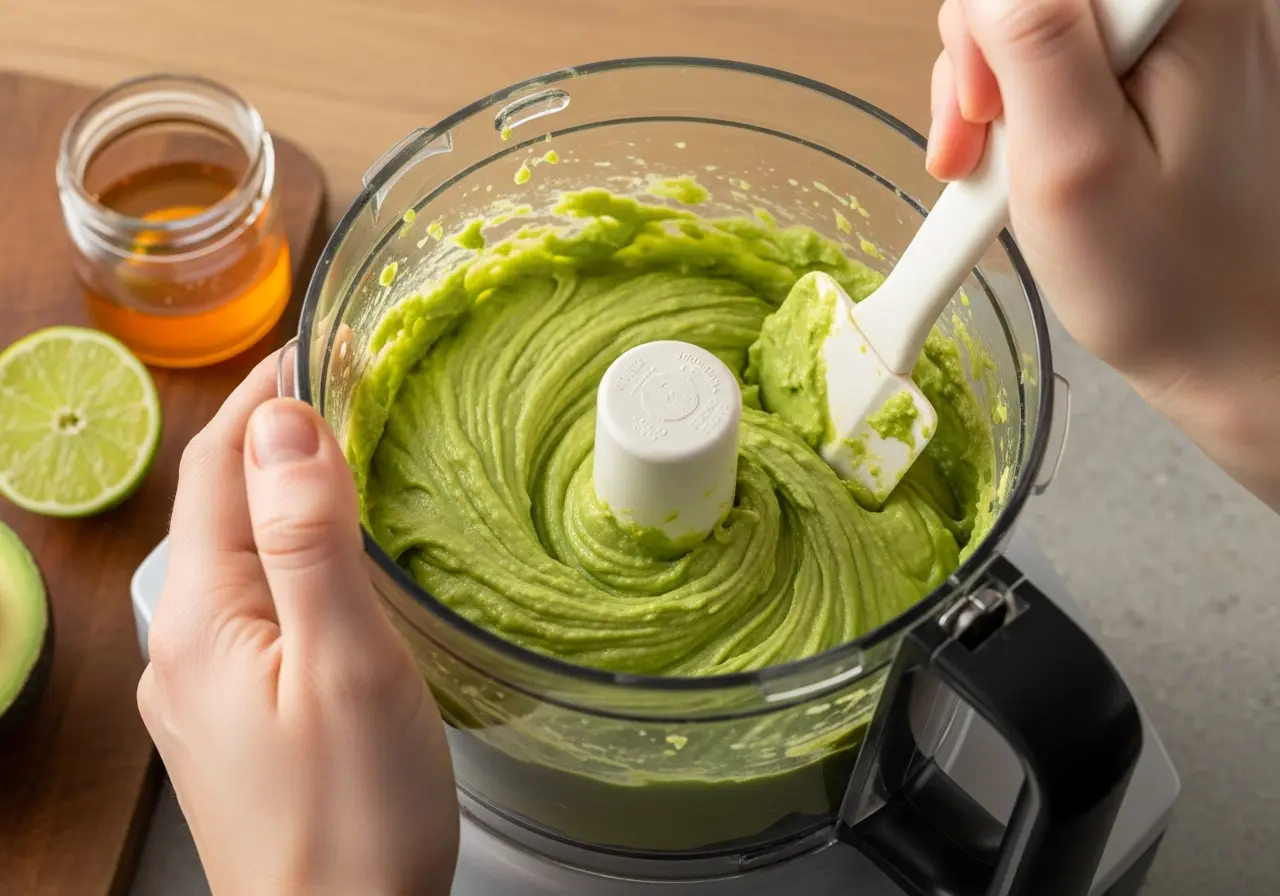 Step 3: Blending ripe avocado, key lime juice, and sweetener in a food processor to