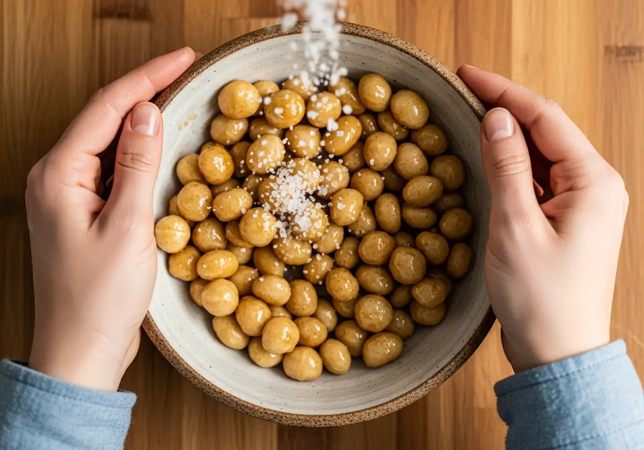 Step 3: Tossing raw macadamia nuts in a bowl with coconut oil and maple syrup to coat before roasting.