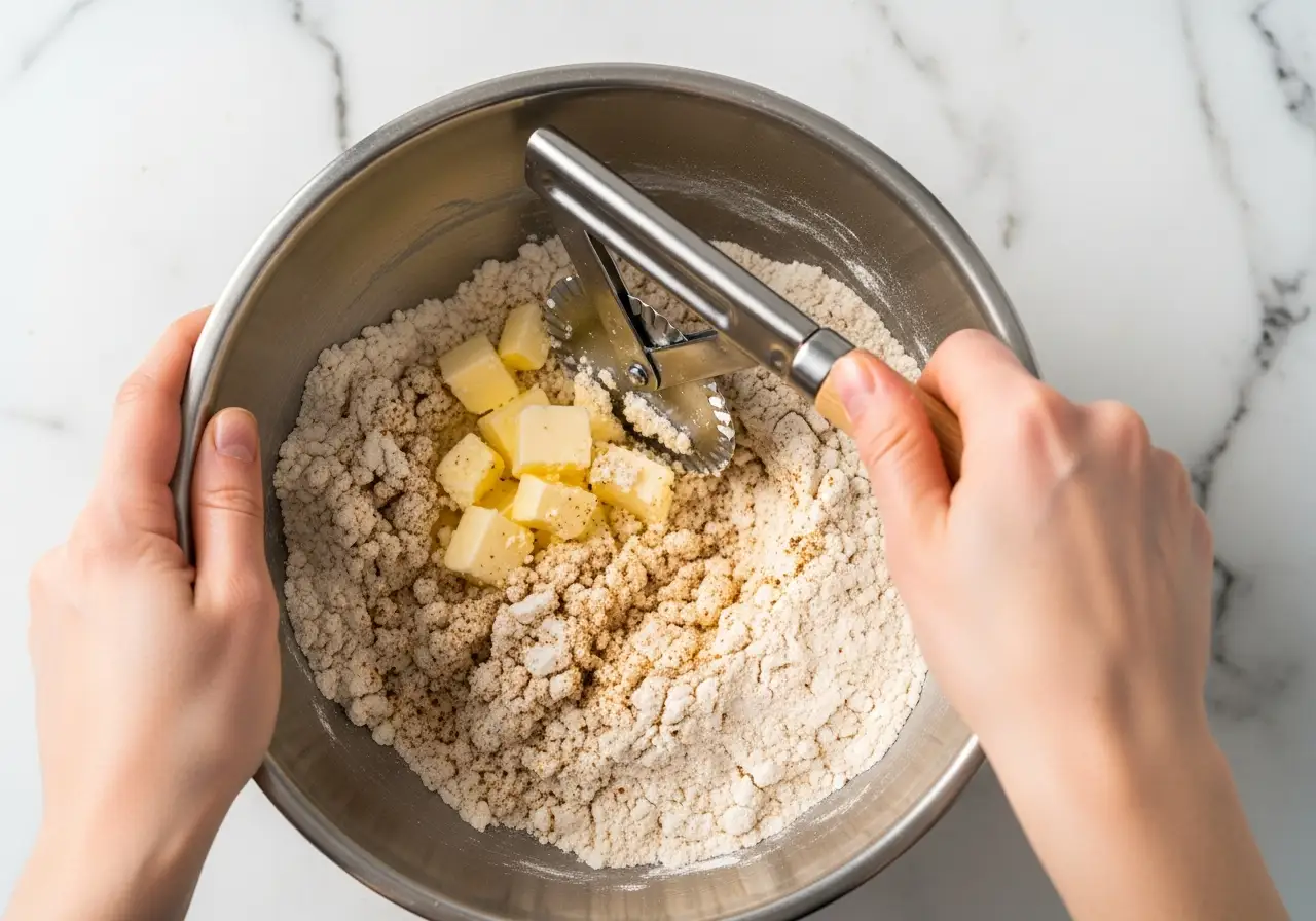 Step 3: Using a pastry cutter to incorporate cold butter into flour for flaky biscuits.