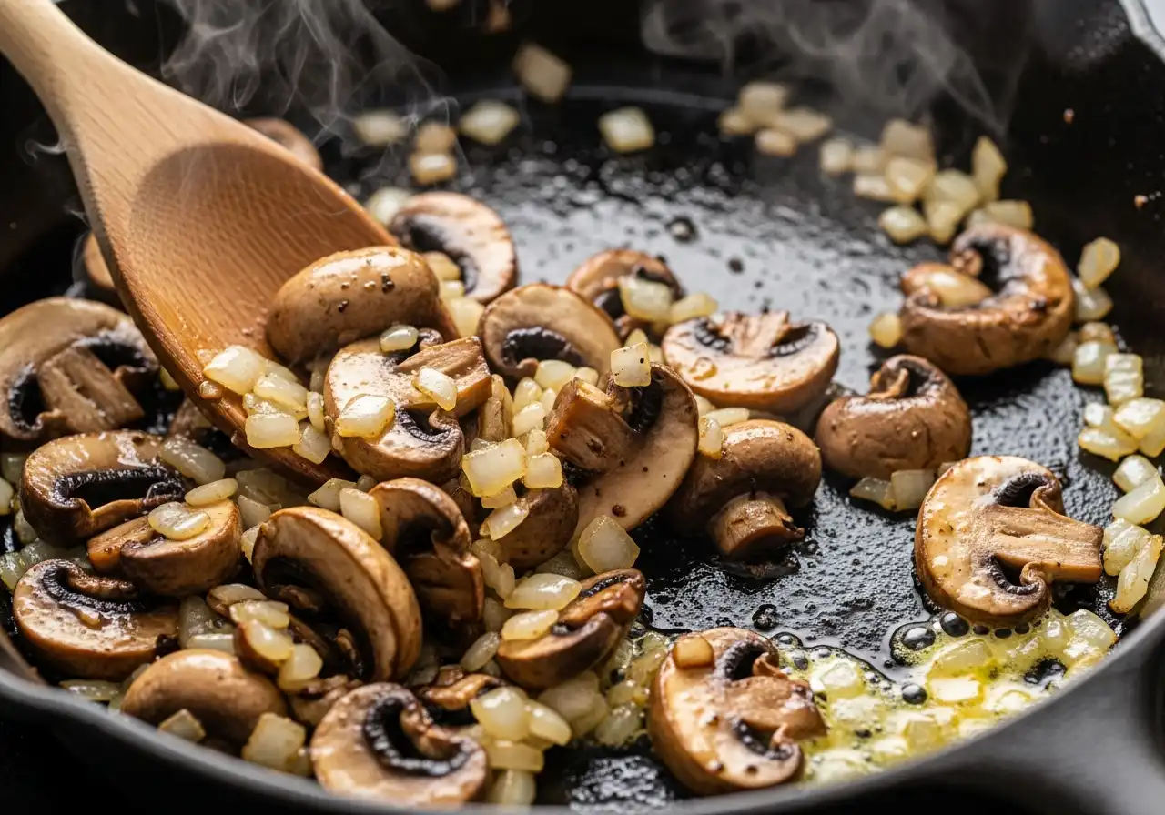 Step 3: Browning mushrooms and onions in butter and oil in a skillet for the rice dish.