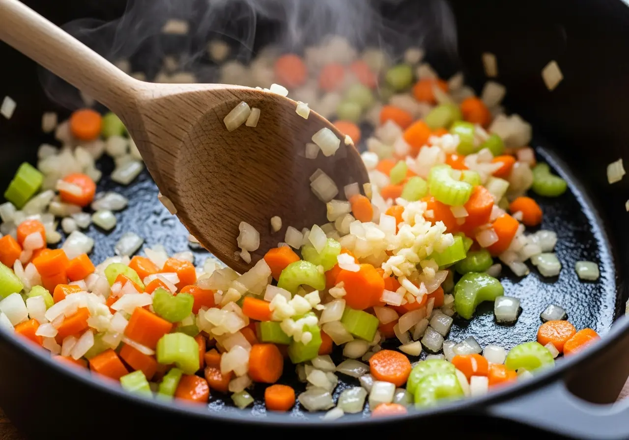 Sautéing onions, carrots, and celery in a pot as the base for lentil soup.