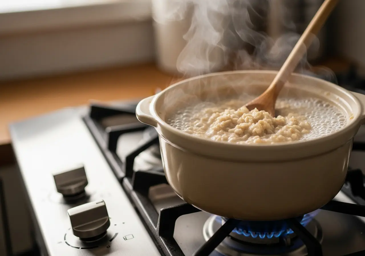 Step 3: Stirring creamy oatmeal as it simmers gently in a pot on the stovetop.