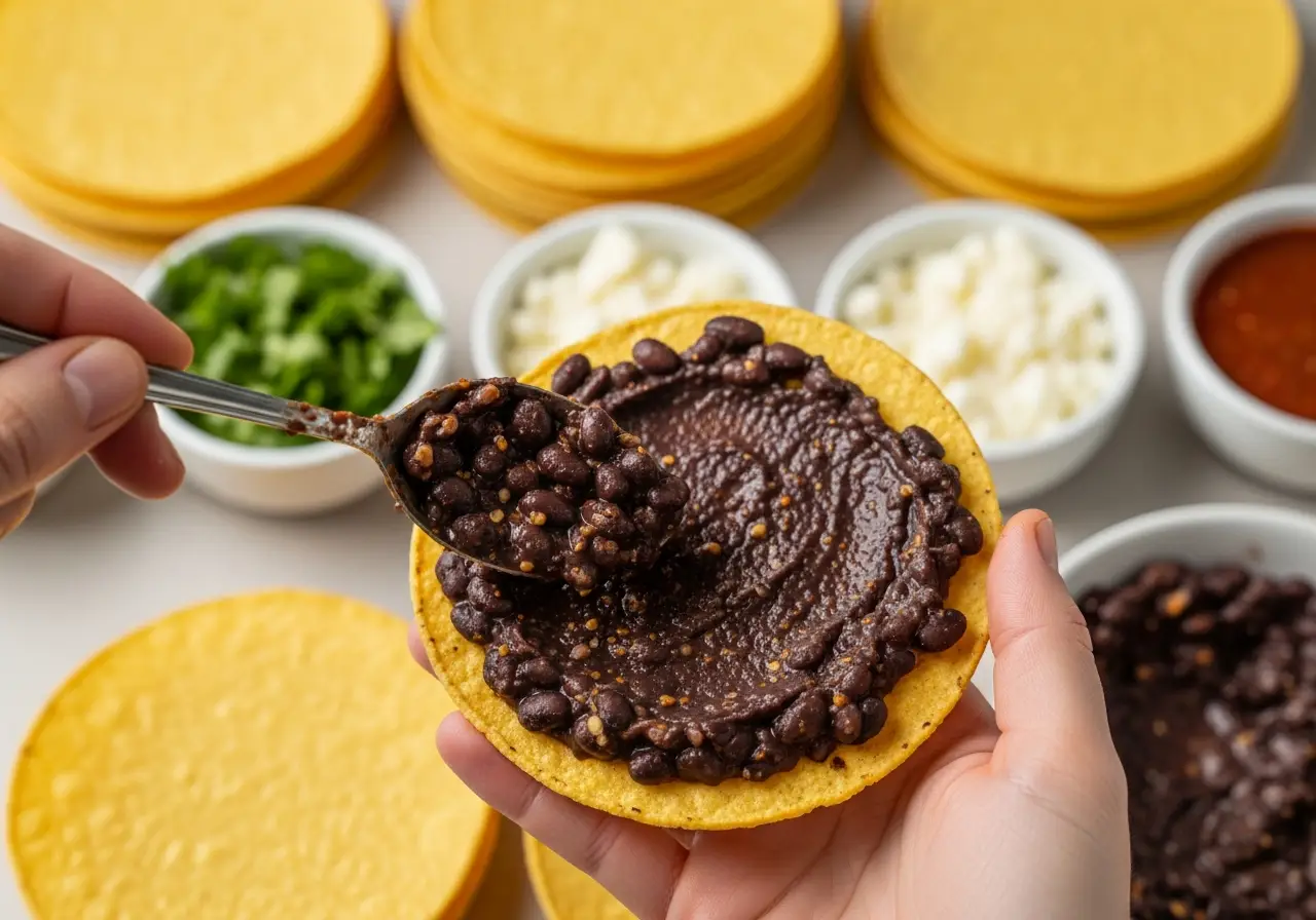 Step 3: Spreading a layer of seasoned black beans onto a crisp tostada shell.