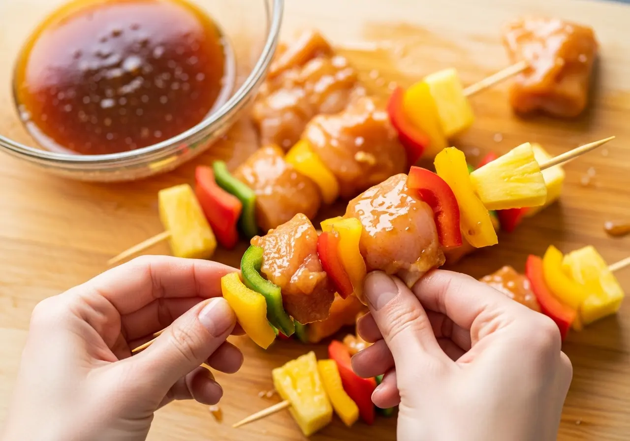 Step 3: Close-up of hands threading marinated chicken and fresh pineapple onto skewers to make colorful Hawaiian kabobs.