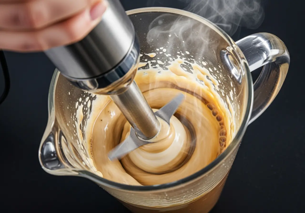 Step 4: Using an immersion blender to froth hot coffee with butter and MCT oil until creamy.