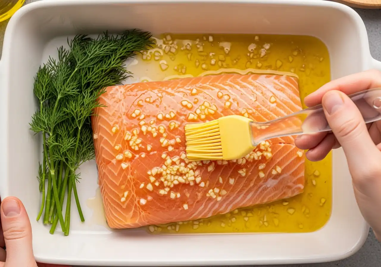 Step 4: Brushing a salmon fillet with a marinade of olive oil, lemon juice, and minced garlic before baking.