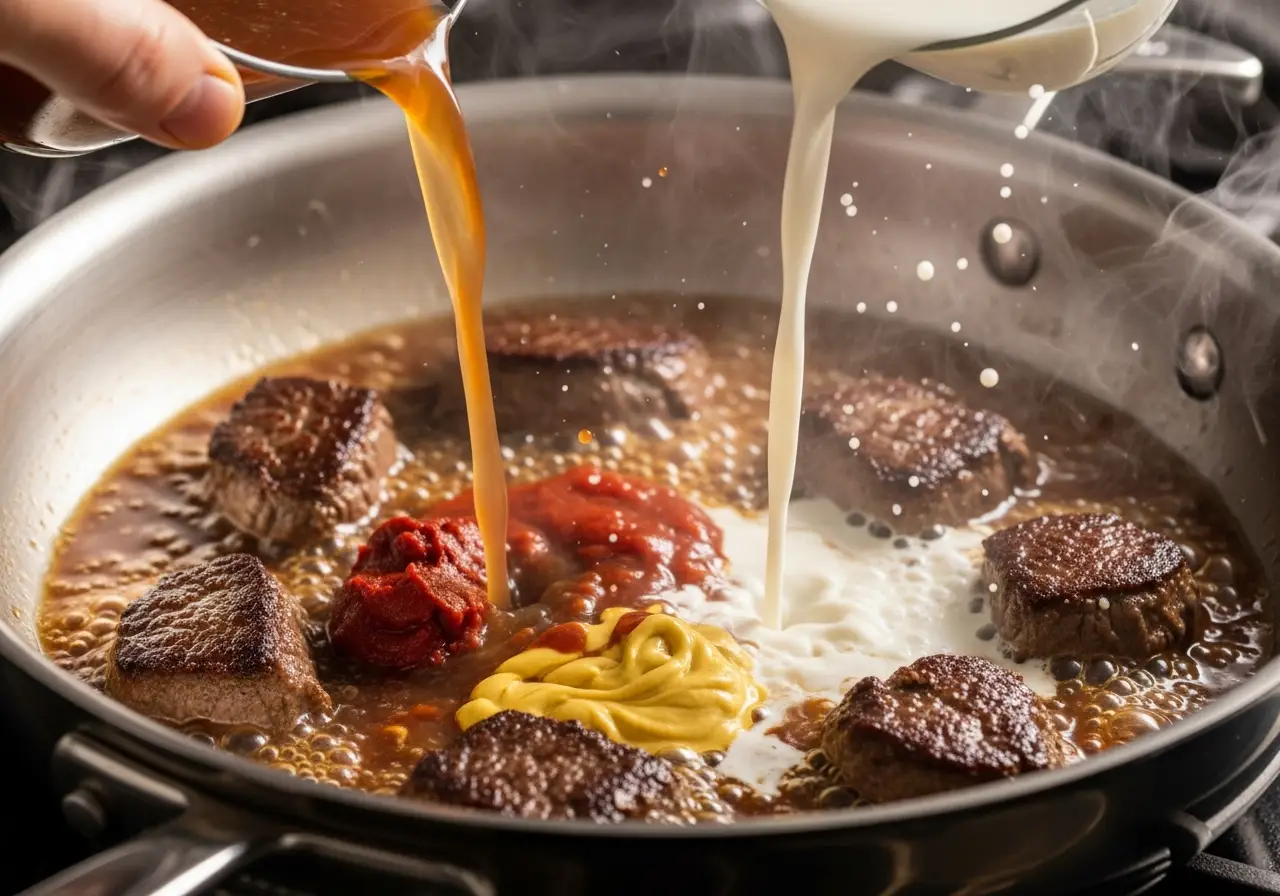 Step 4: Adding broth and milk to browned beef to create a creamy pasta sauce.