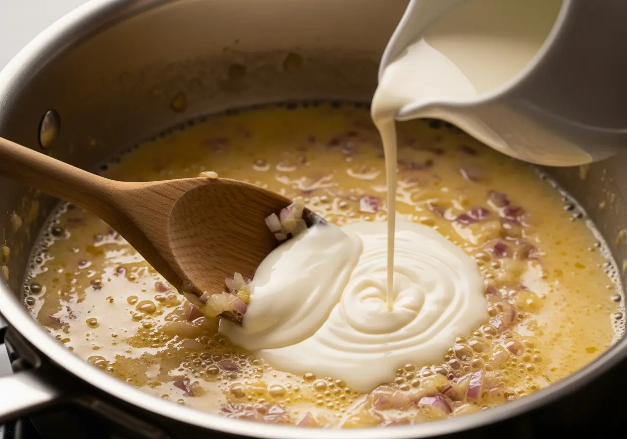 Step 4: Creating the creamy, classic sauce for Lobster Thermidor in a saucepan.