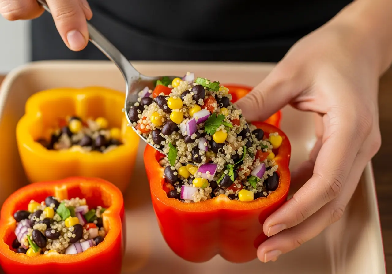 Step 4: Spooning quinoa and black bean filling into a hollow bell pepper.