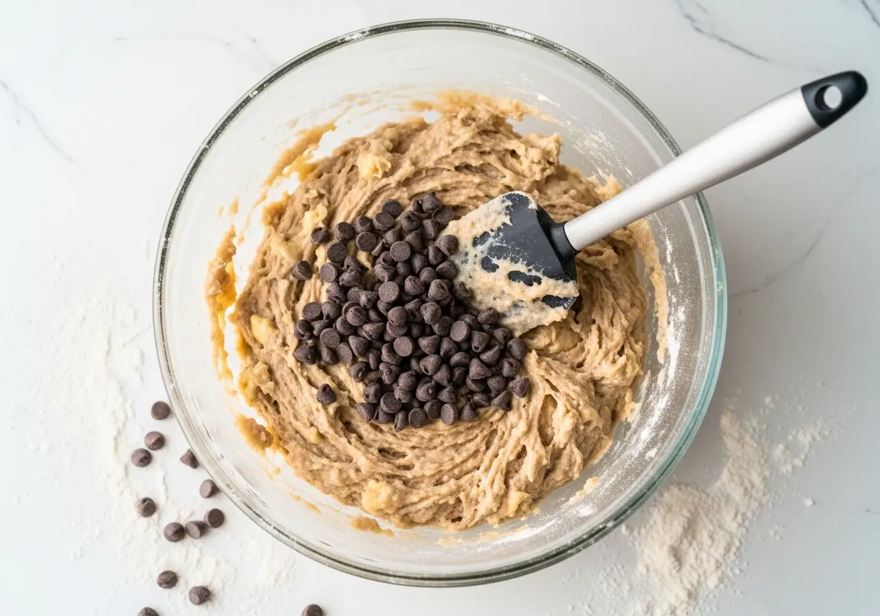 Step 4: Folding chocolate chips into banana protein muffin batter.