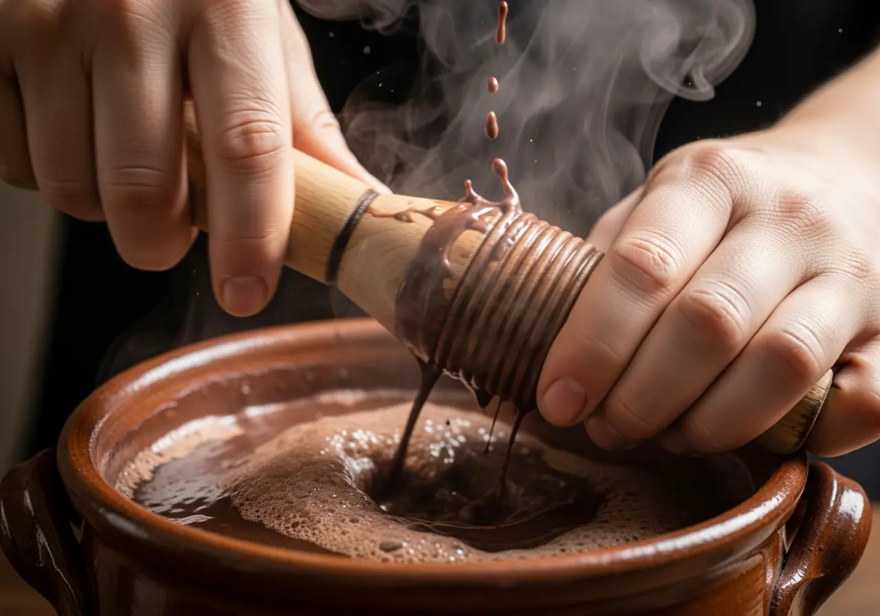 Step 4: Using a traditional molinillo to froth Mexican hot chocolate in a pot.