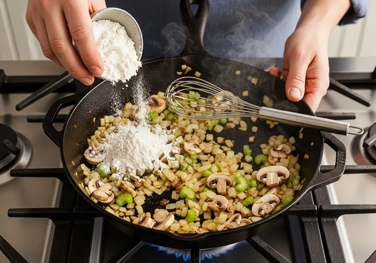 Making a roux by sprinkling flour over sautéed vegetables in a skillet to thicken the creamy casserole sauce.