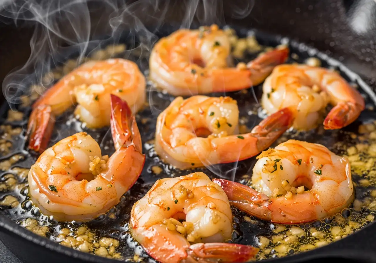 Step 4: Cooking shrimp in a skillet with garlic and butter for scampi sauce.