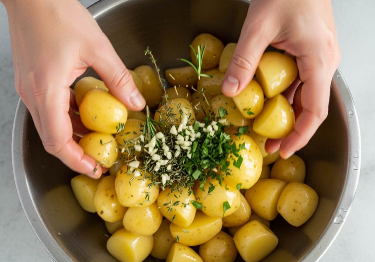 Coating parboiled potato chunks with minced garlic, fresh herbs, and olive oil in a bowl before roasting.