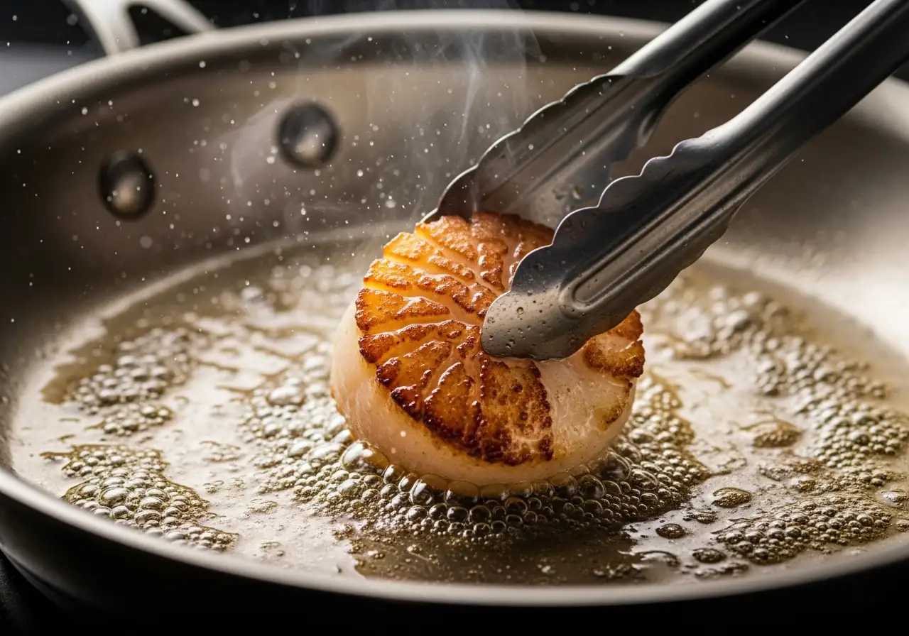 Step 5: Flipping a scallop in a hot pan to show its golden brown, crispy sear.