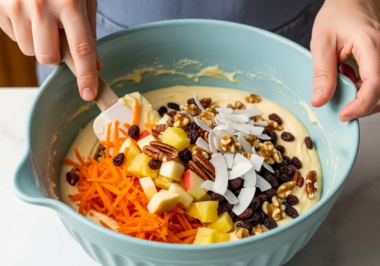 Step 5: Folding grated carrots, chopped apples, pineapple, nuts, and raisins into muffin batter.