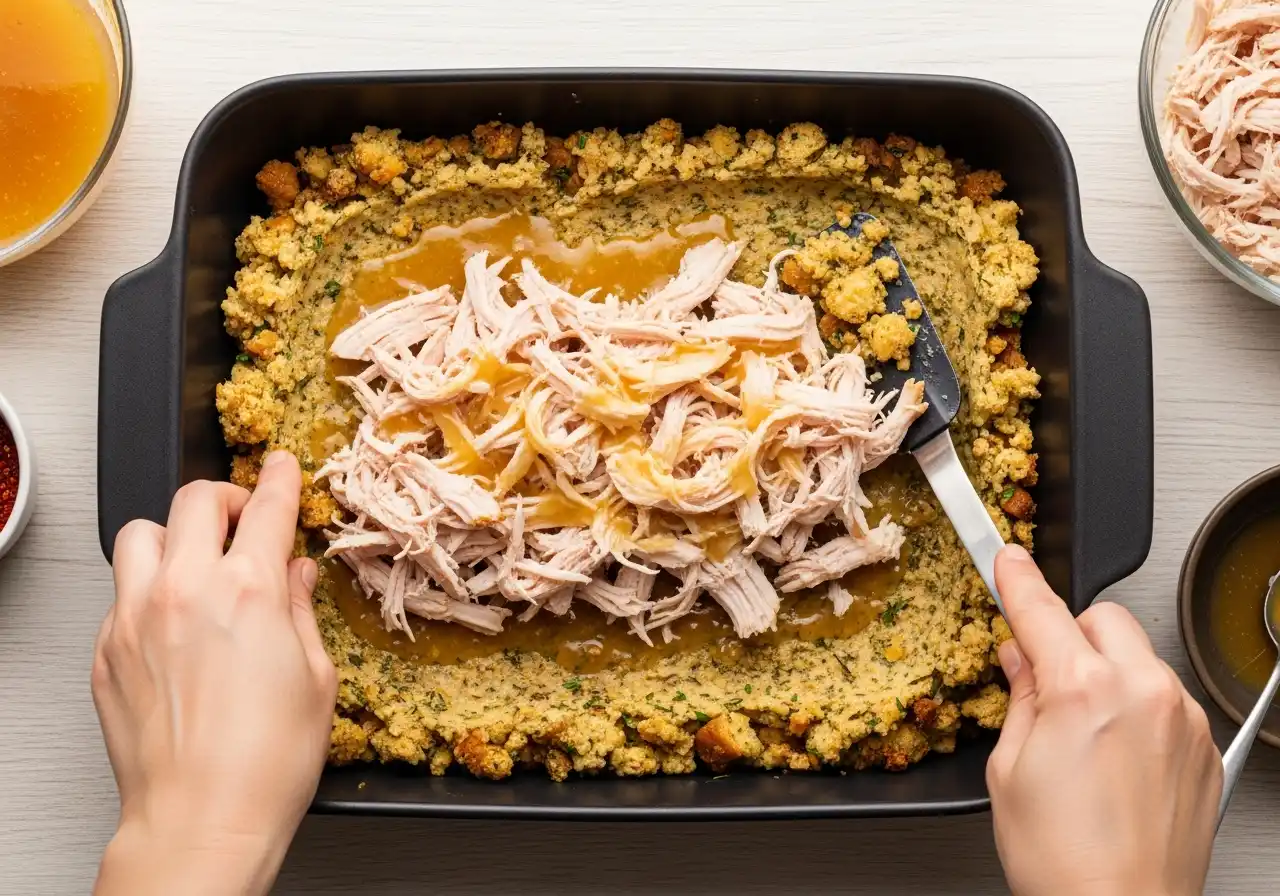 Step 5: Layering shredded turkey and herb stuffing in a casserole dish before baking.