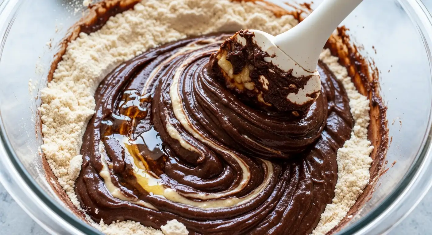 Step 5: Combining wet and dry ingredients to make a thick, glossy vegan brownie batter.