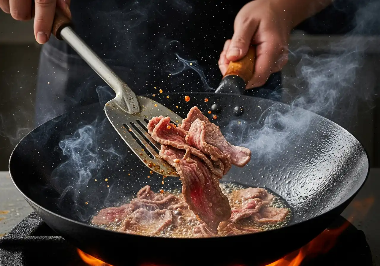 Step 5: Stir-frying marinated beef slices in a hot wok until browned and caramelized.